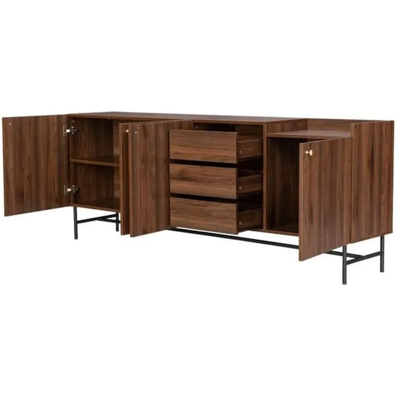 LODGE GRAND BUFFET - DÉCOR NOYER ET PIEDS EN MÉTAL - 4 PORTES 3 TIROIRS FALODGEBUF4P3T - miniature 2 - Zenkaa