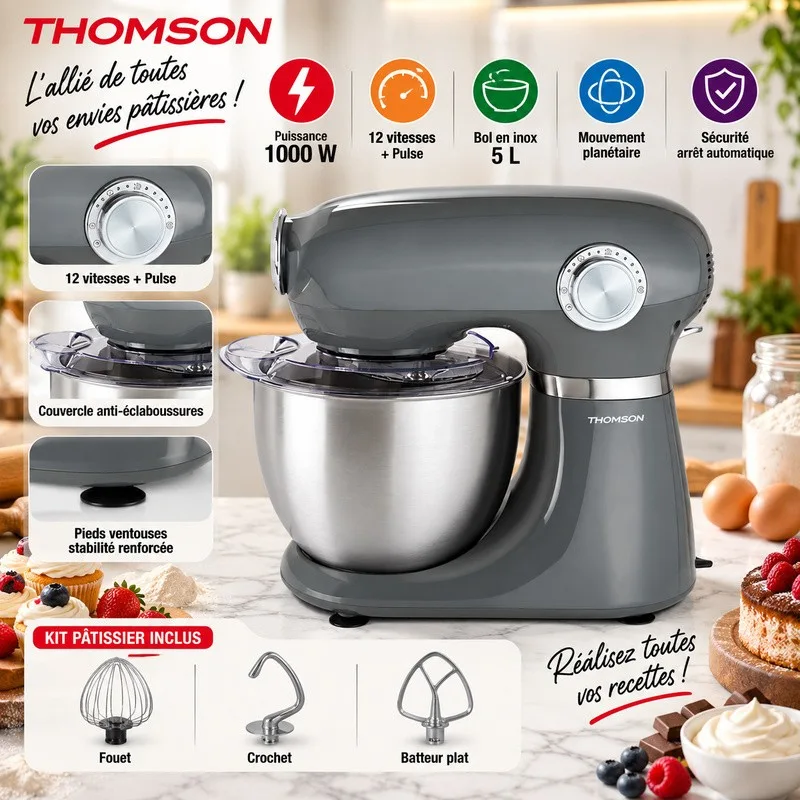 Thomson - Robot pâtissier THFP3510G - 1000 W 5 L 12 vitesses - Kit pâtisserie - miniature 2 - Zenkaa