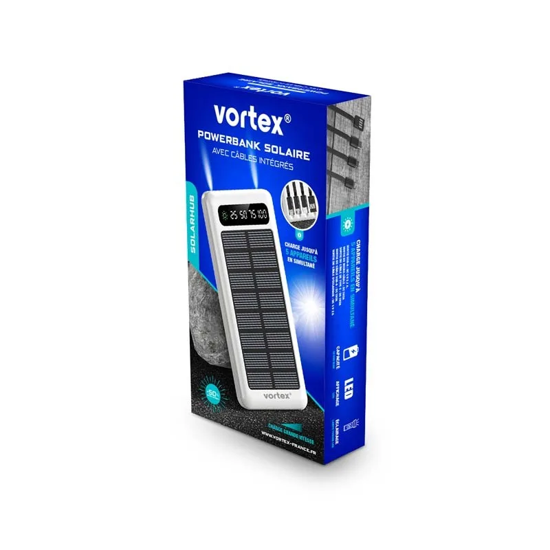 BATTERIE EXTERNE SOLAIRE AVEC CÂBLES INTÉGRÉS SOLARHUB WHITE 10 VORTEX - miniature 3 - Zenkaa