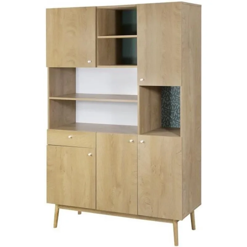 GARDENIA MEUBLE DE RANGEMENT 5 PORTES 1 TIROIR - DÉCOR CHÊNE ET VERT - PIEDS EN BOIS MASSIF - HTGARDEN2CUI5P1T - miniature 2 - Zenkaa
