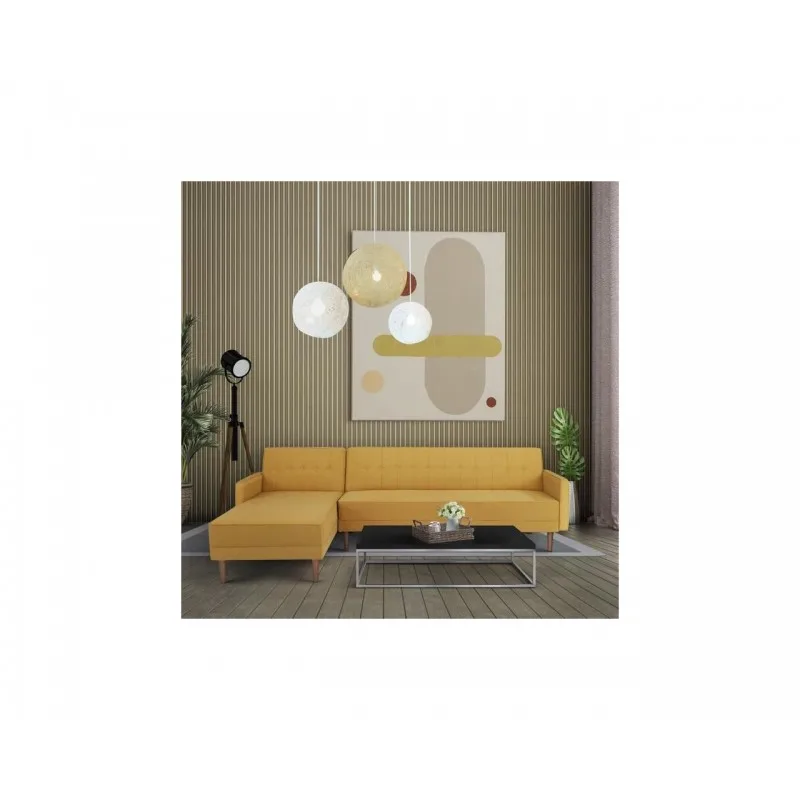 IMANIA CANAPÉ D'ANGLE CONVERTIBLE 3 PLACES RÉVERSIBLE TISSU JAUNE MOUTARDE PIEDS EN BOIS ADIMANIACCTJM - miniature 2 - Zenkaa