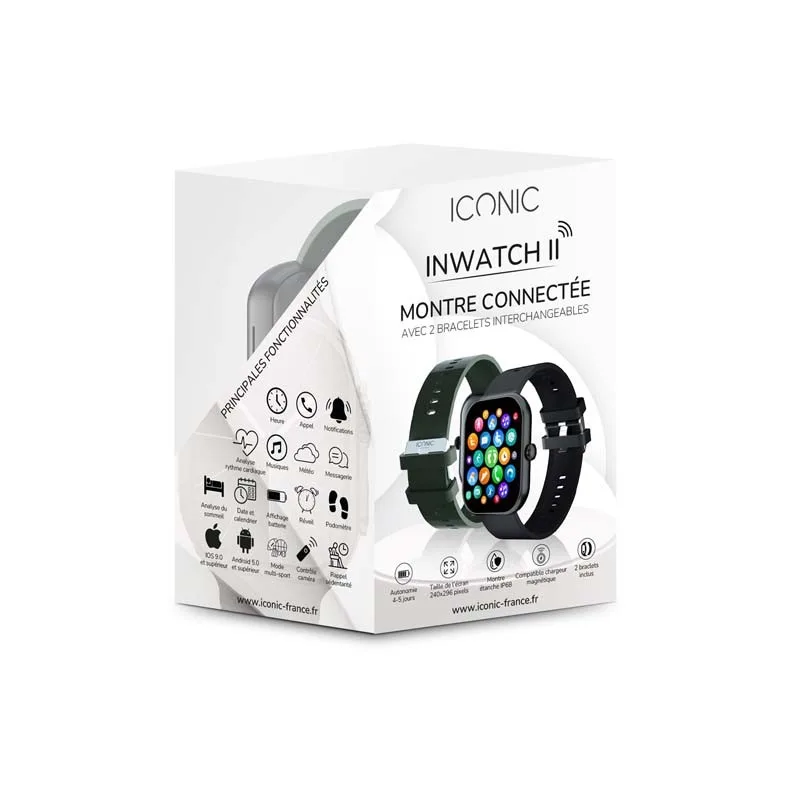 MONTRE CONNECTÉE CADRAN NOIR 2 BRACELETS SILICONE NOIR ET KAKI INWATCH II BLACK ICONIC - miniature 9 - Zenkaa