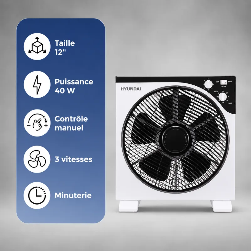 Hyundai - HYBF30B - Noir - Ventilateur Box Fan - Minuteur 2 h - 3 vitesses - miniature 3 - Zenkaa