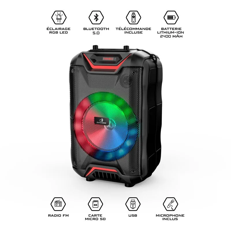 Dynabass - Enceinte LED sans fil - Jeu de lumière et micro - Télécommande - Bluetooth - Usb - Autonomie (6h) - Zenkaa