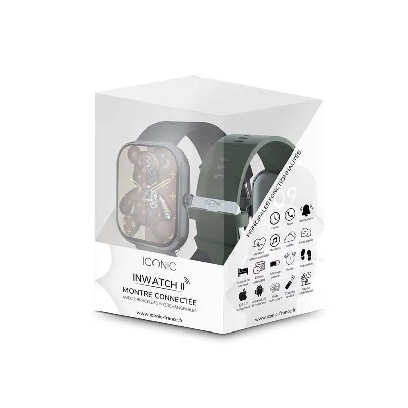 MONTRE CONNECTÉE CADRAN NOIR 2 BRACELETS SILICONE NOIR ET KAKI INWATCH II BLACK ICONIC - miniature 10 - Zenkaa