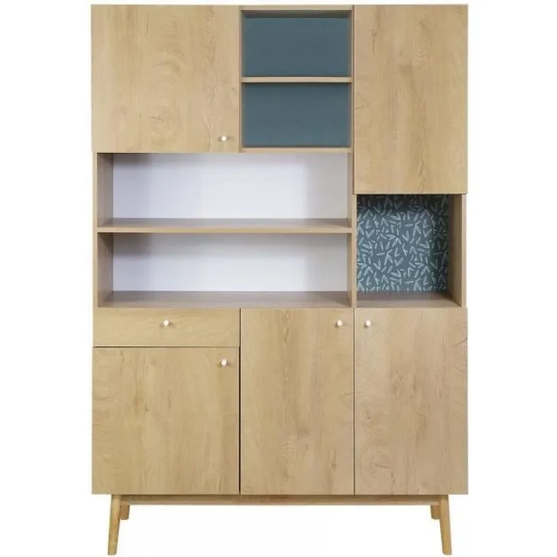 GARDENIA MEUBLE DE RANGEMENT 5 PORTES 1 TIROIR - DÉCOR CHÊNE ET VERT - PIEDS EN BOIS MASSIF - HTGARDEN2CUI5P1T - Zenkaa