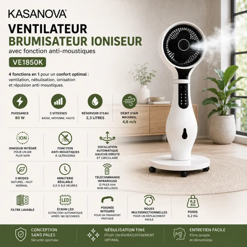 KASANOVA - VE1850K - Ventilateur Brumisateur - Ioniseur - Anti-moustiques - miniature 2 - Zenkaa