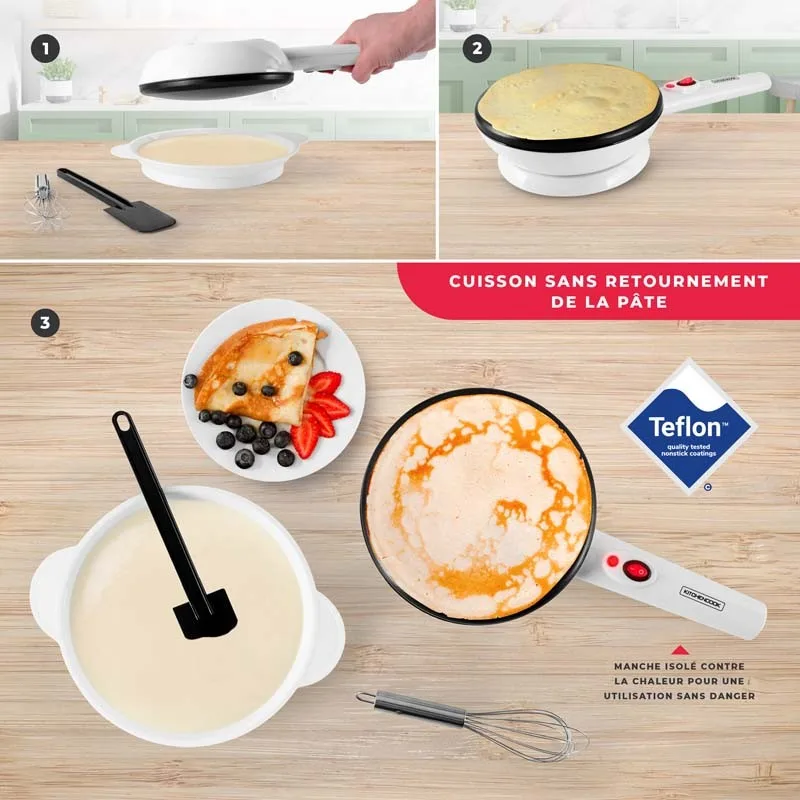Kitchencook - Crêpière électrique sans fil - 20cm de diamètre - 800W - Cuisson rapide - Revêtement antiadhésif téflon - Blanc - miniature 3 - Zenkaa