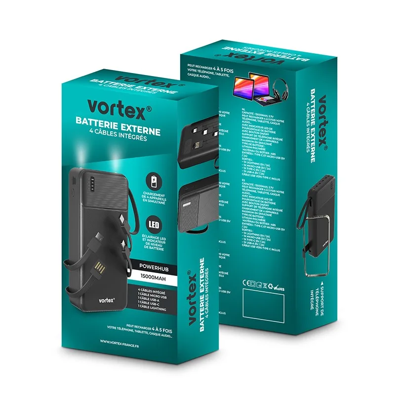 Vortex - POWERHUB 15C - Batterie externe 15000 mAh - 4 appareils - Câbles intégrés - miniature 5 - Zenkaa
