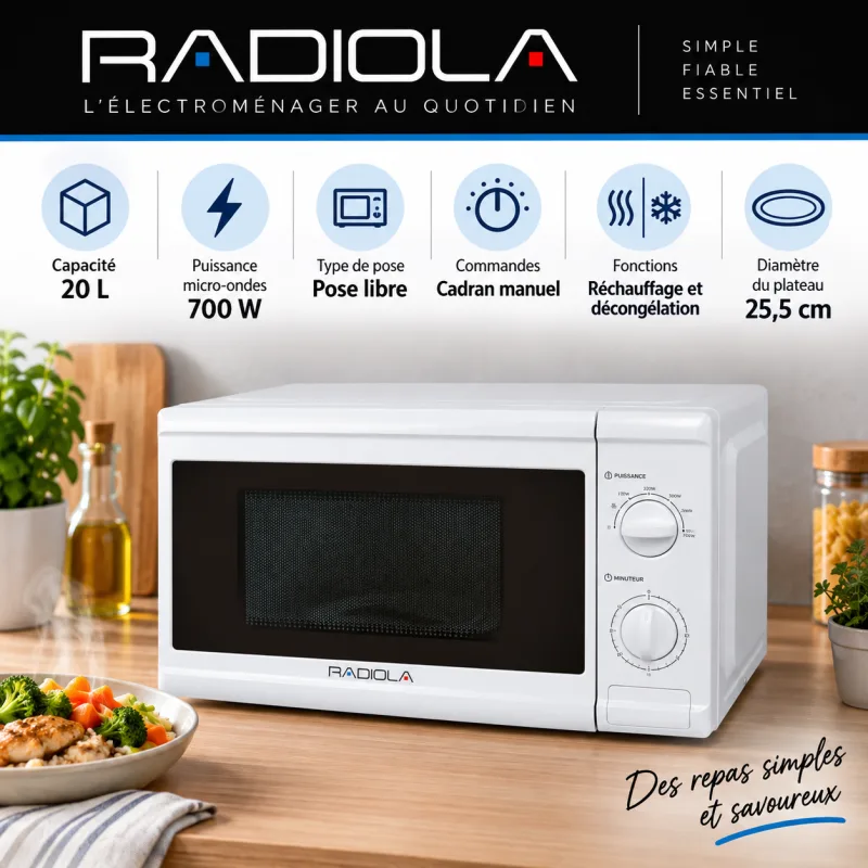 Radiola - RAMW2120SMW - Blanc - Micro-ondes 20 L - 700 W - 2 cadrans mécaniques - miniature 3 - Zenkaa