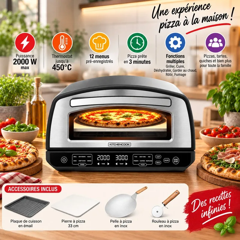 KITCHENCOOK - Four à Pizza - 2000W - Jusqu'à 450°C - 12 Programmes - Plaque de cuisson en émail, Pelle et Coupe pizza en Inox - miniature 2 - Zenkaa