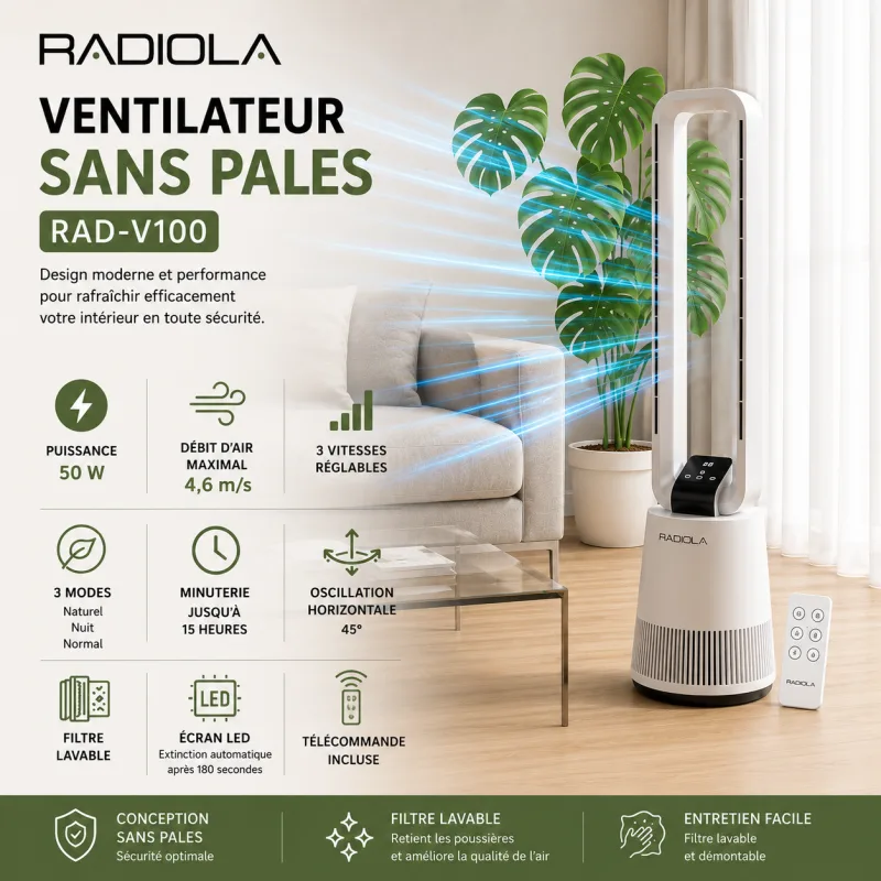 Radiola - RAD-V100 - Blanc - Ventilateur sans pales - 3 vitesses - Télécommande - miniature 2 - Zenkaa