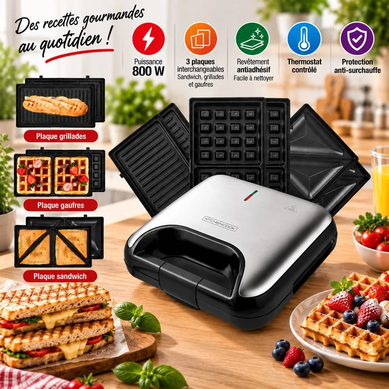 Kitchencook - MISTER K - Sandwich Maker 3 en 1 inox 800W - miniature 2 - Zenkaa