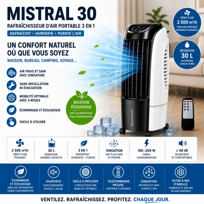 Rafraîchisseur d'air portable 3 en 1 - Ionisation - Réservoir 30 L - miniature 3 - Zenkaa