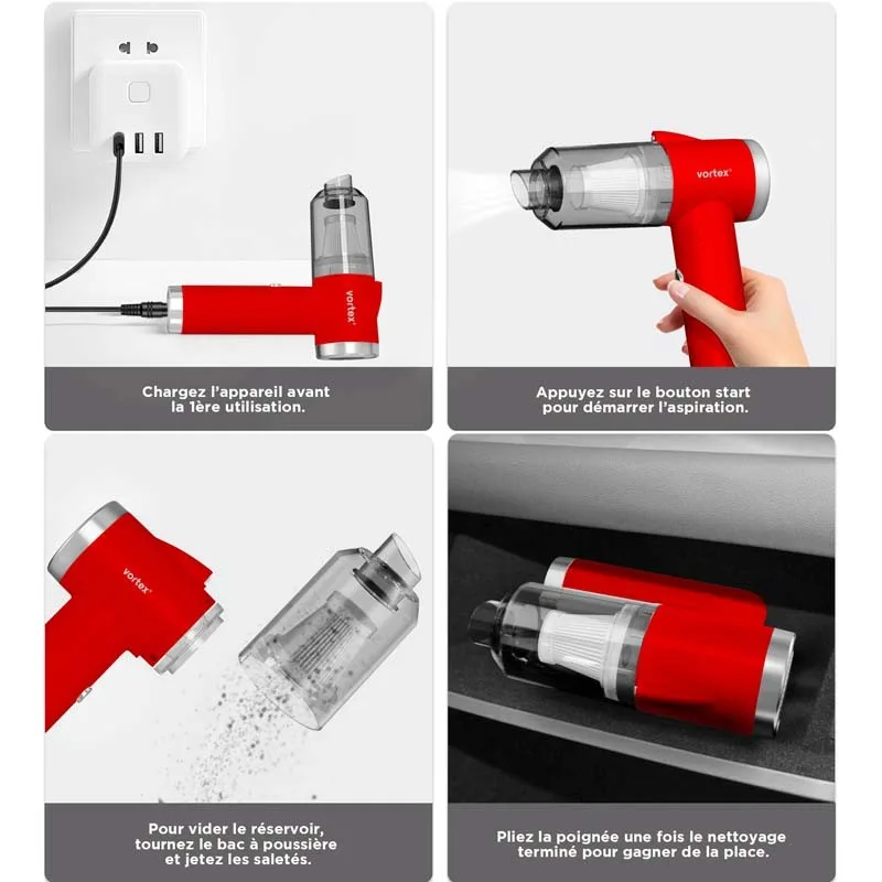 Vortex - CRC90 Red - Aspirateur à main sans fil pliable avec LED et accessoires - miniature 8 - Zenkaa
